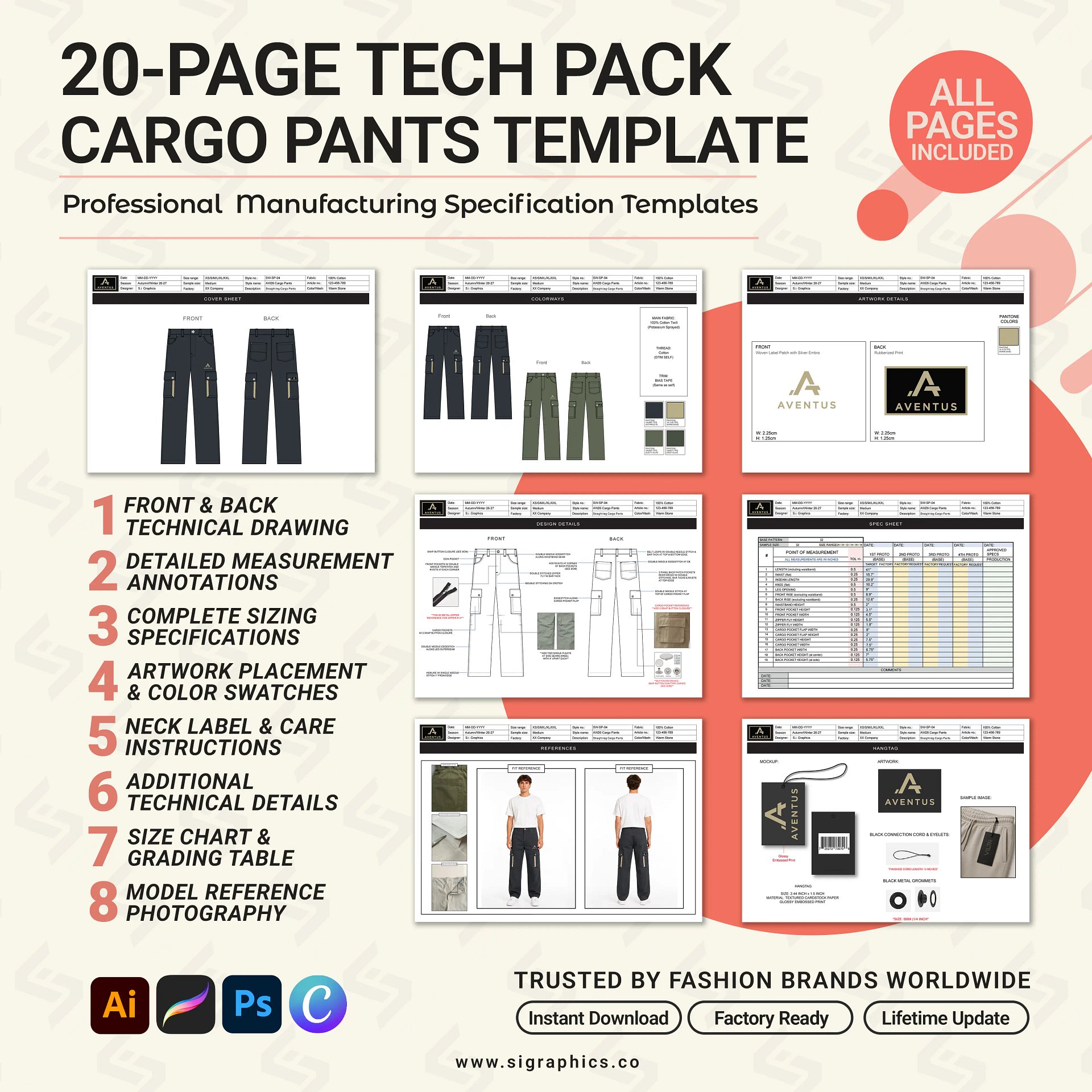Straight-Leg Cargo Pants Tech Pack Template – Editable AI File product image (2)