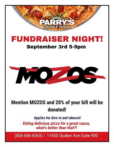 Join us on Wednesday, September 3rd at Parry's Pizzeria & Taphouse for Mozos Night! 🍕

Mention the Mozos, and 20% of your bil...