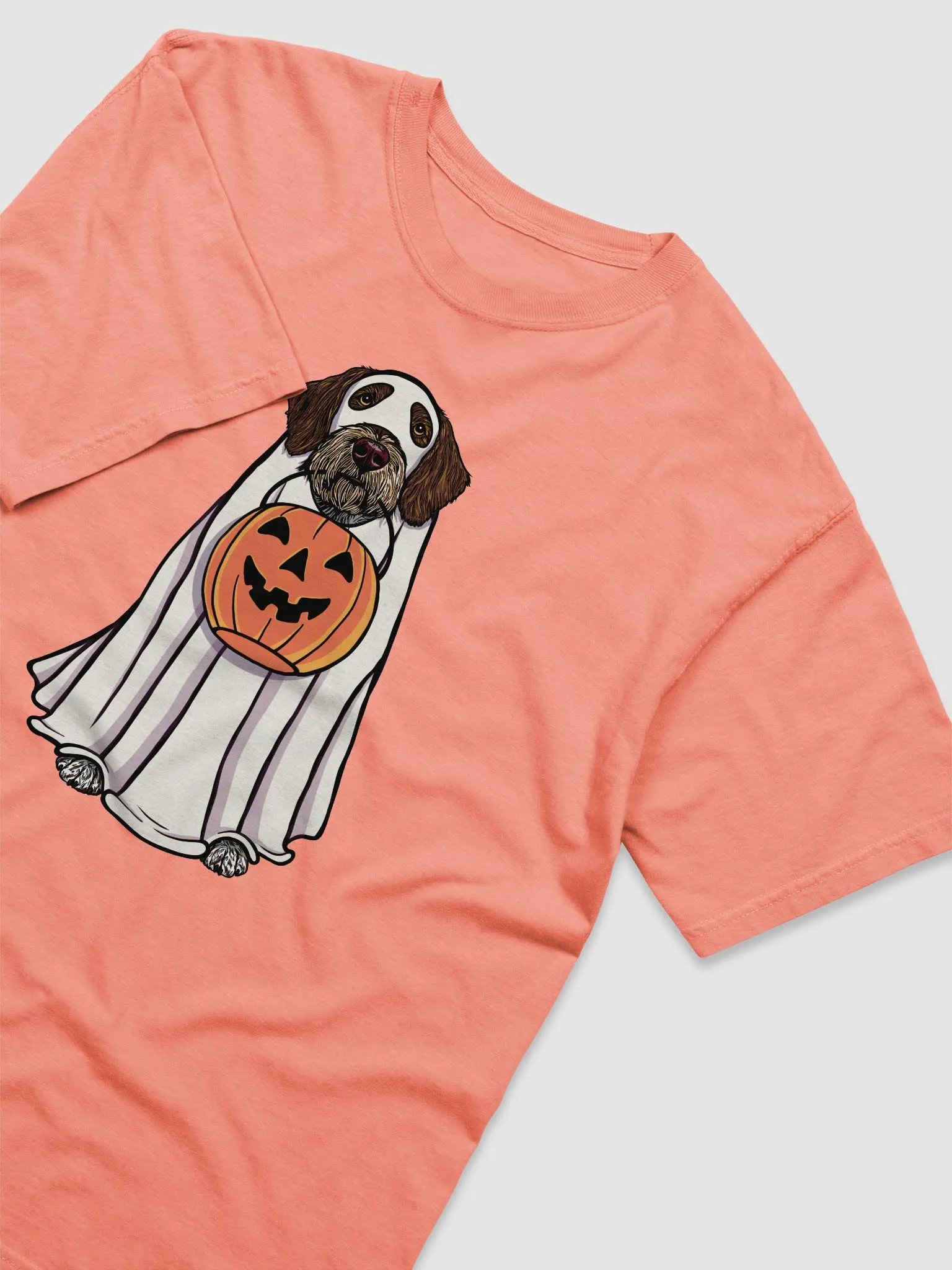 Funny Halloween German Wirehaired Pointer T-Shirt | Funny Dog Wearing a Ghost Costume and Holding a Pumpkin Basket product image (6)