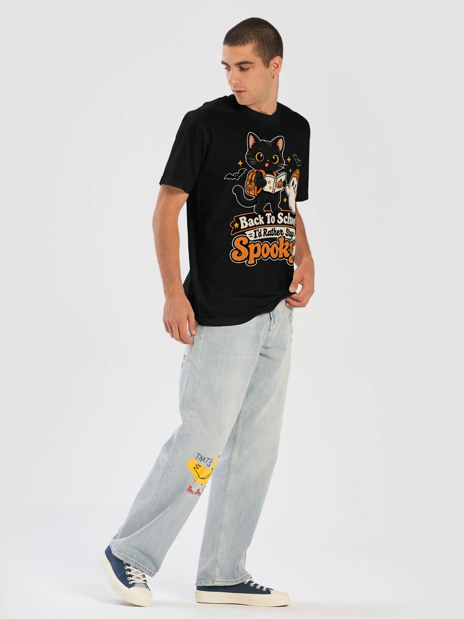 Back To School I'd Rather Stay Spooky T-Shirt | Cute Halloween Black Cat & Ghost Graphic Tee product image (48)