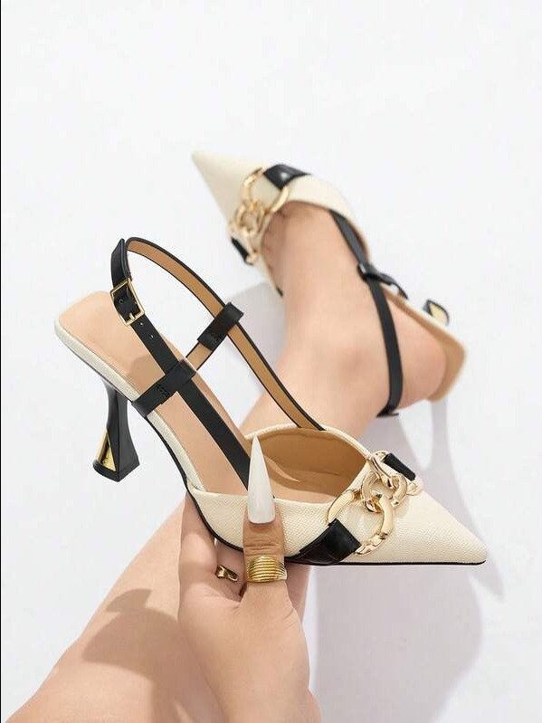Women's Retro Floral Pattern Chain Decor Pointed Toe Closed Toe Back Strap Chunky High Heel Pumps, Elegant Comfortable Outdoor Daily product image (2)