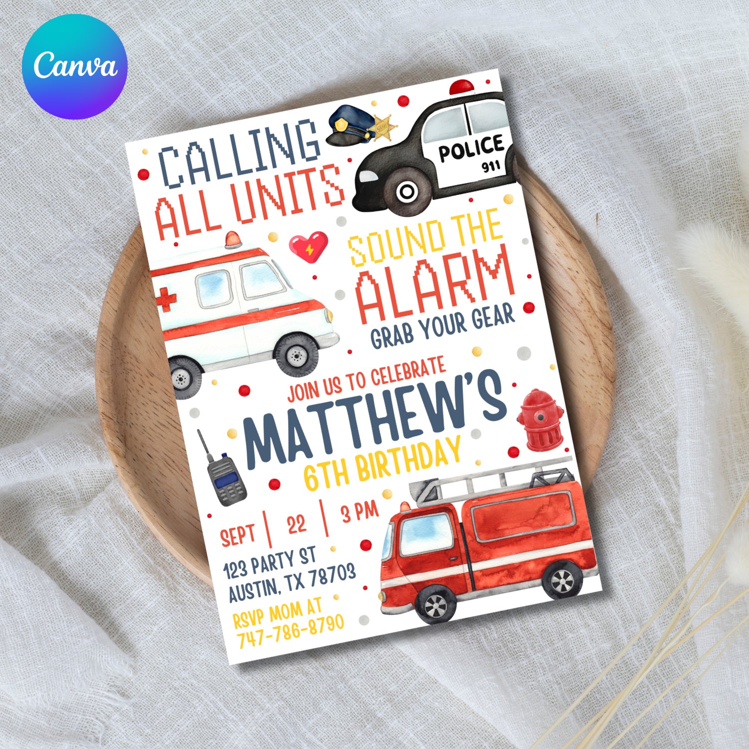 Police & Emergency Vehicle Birthday Invitation Template – Canva Editable 6th Birthday Invite product image (1)