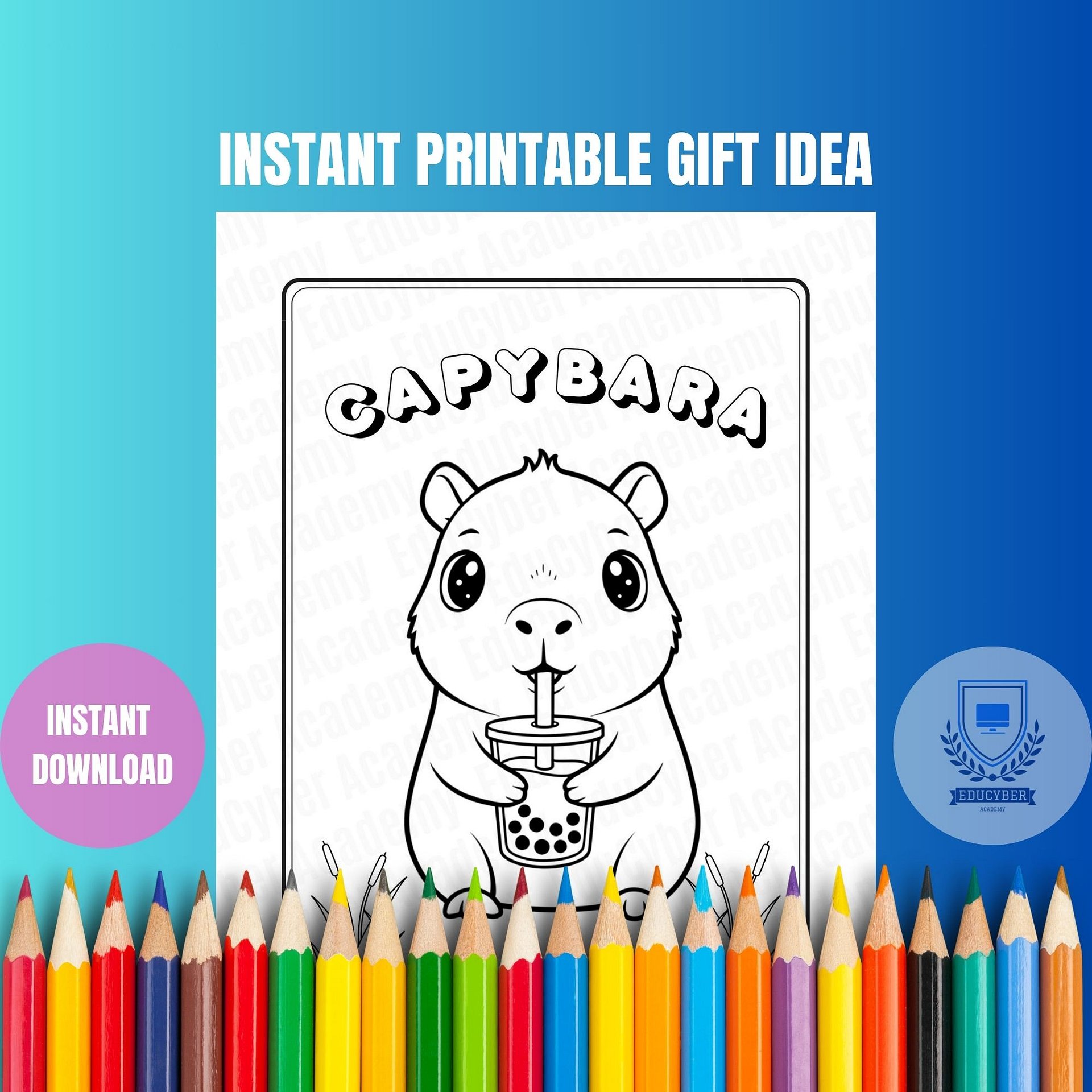 Cute Capybara Coloring Page Printable, Kawaii Animal Drinking Bubble Tea, Kids & Adults Activity, Instant Download | Capivara para Colorir Fofa PDF product image (4)