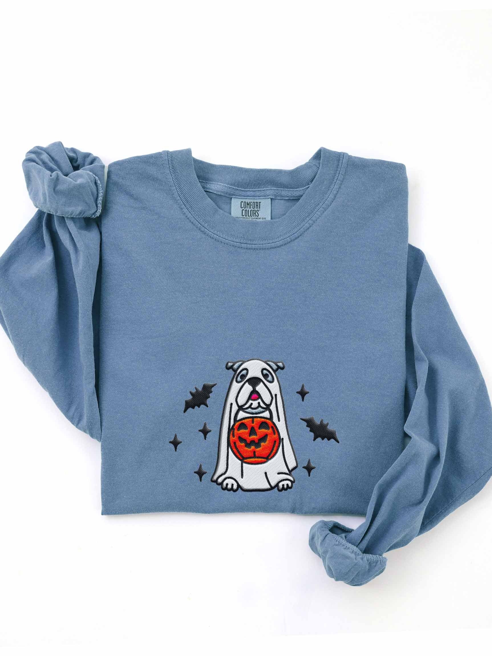 Halloween English Bulldog(Grey & White) Embroidered Long-Sleeve T-Shirt product image (1)