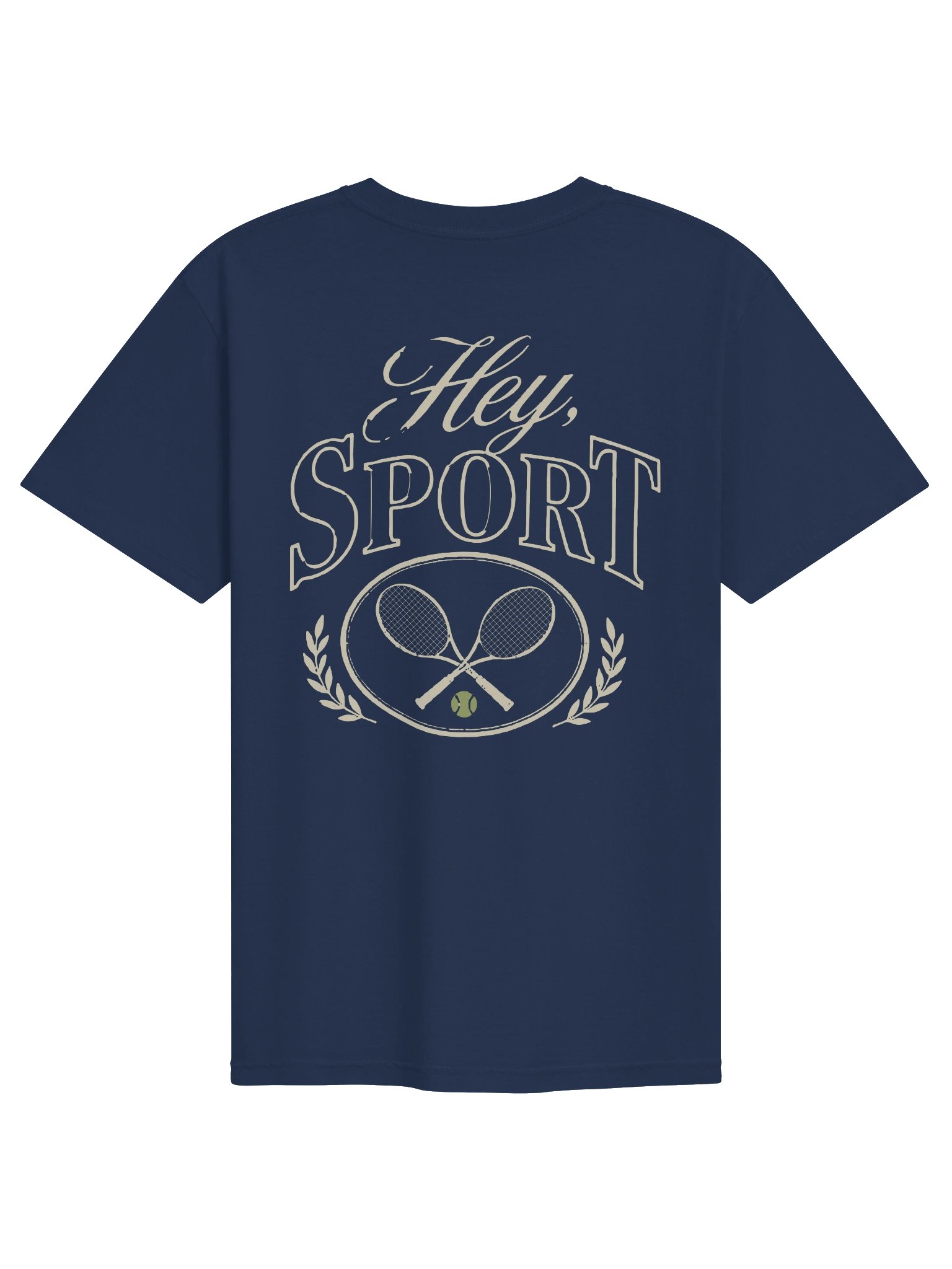 Navy tee with cream Hey Sport lettering and crossed tennis rackets