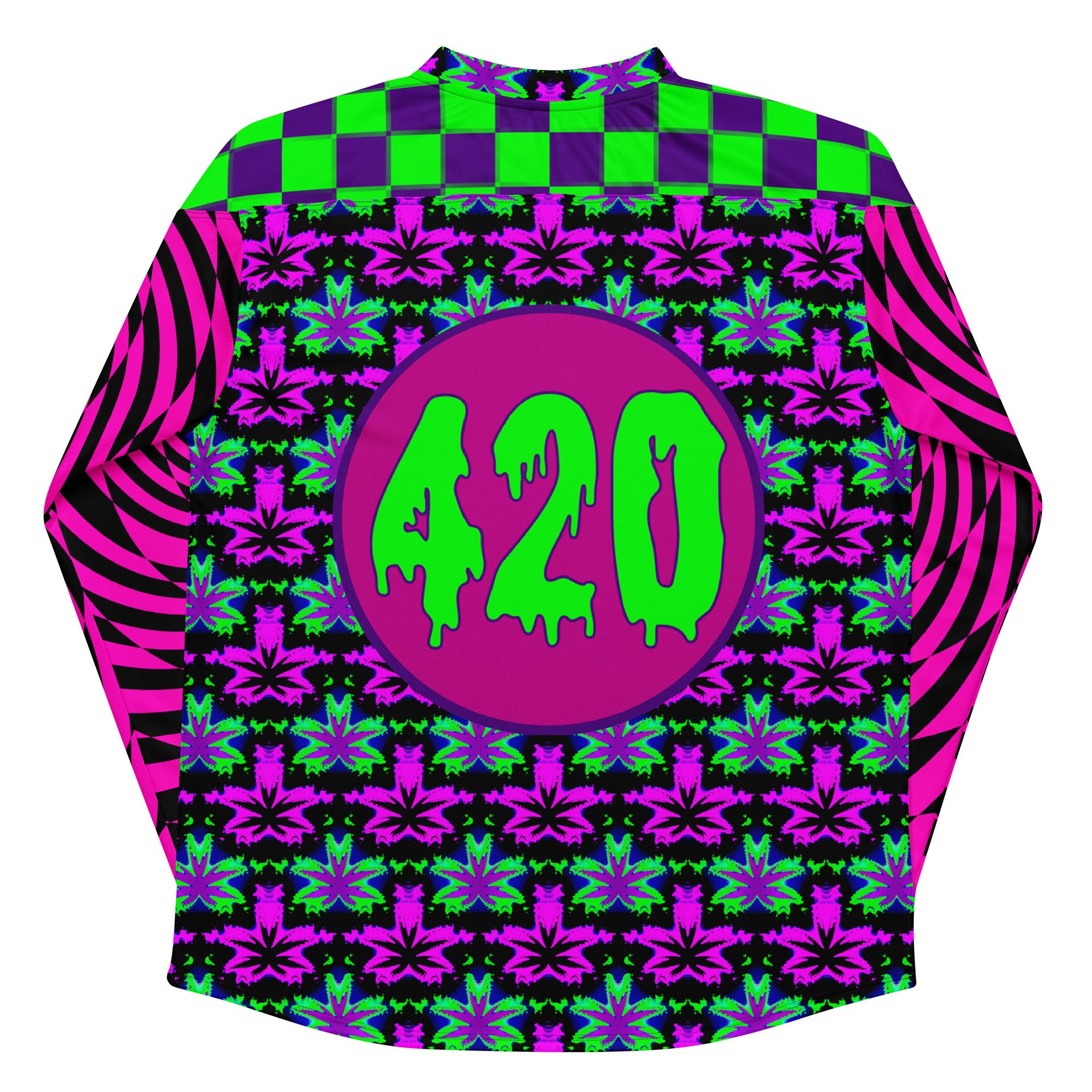 Cannabis Leaf 420 Hockey Jersey, Psychedelic Weed Rave Shirt, Spirals Stoner Clothes, Neon EDM Festival Fashion, Trippy Checkers Techno Top product image (8)