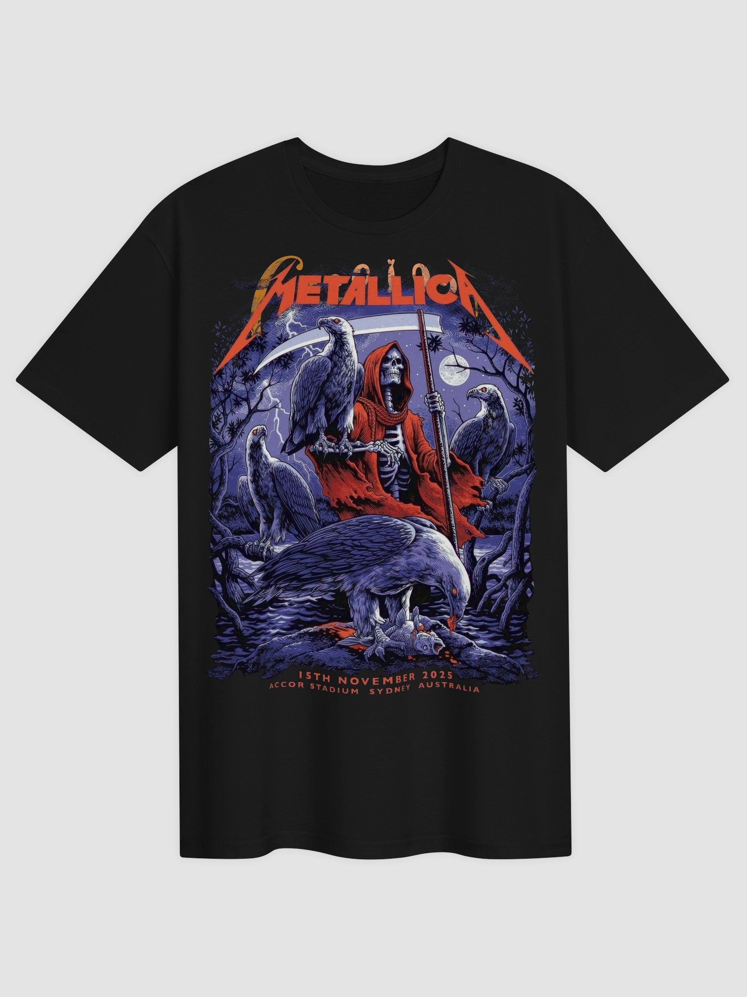Metallica T-Shirt Grim Reaper Scythe | M72 World Tour Sydney 2025 Dark Art Graphic Tee | Heavy Metal Skull Vulture Concert Shirt product image (2)
