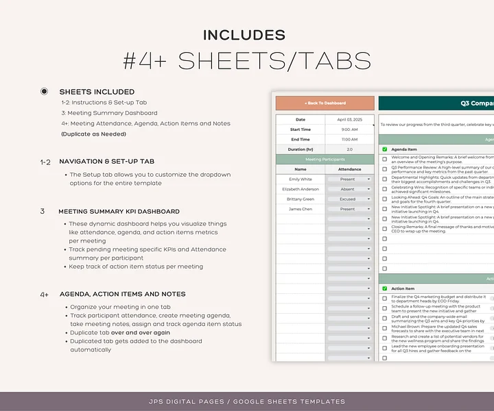 Multiple Meeting + KPI Dashboard - Meeting Notes, Agenda, Action Items, and Dashboard, Notes (Google Sheets Template) product image (2)
