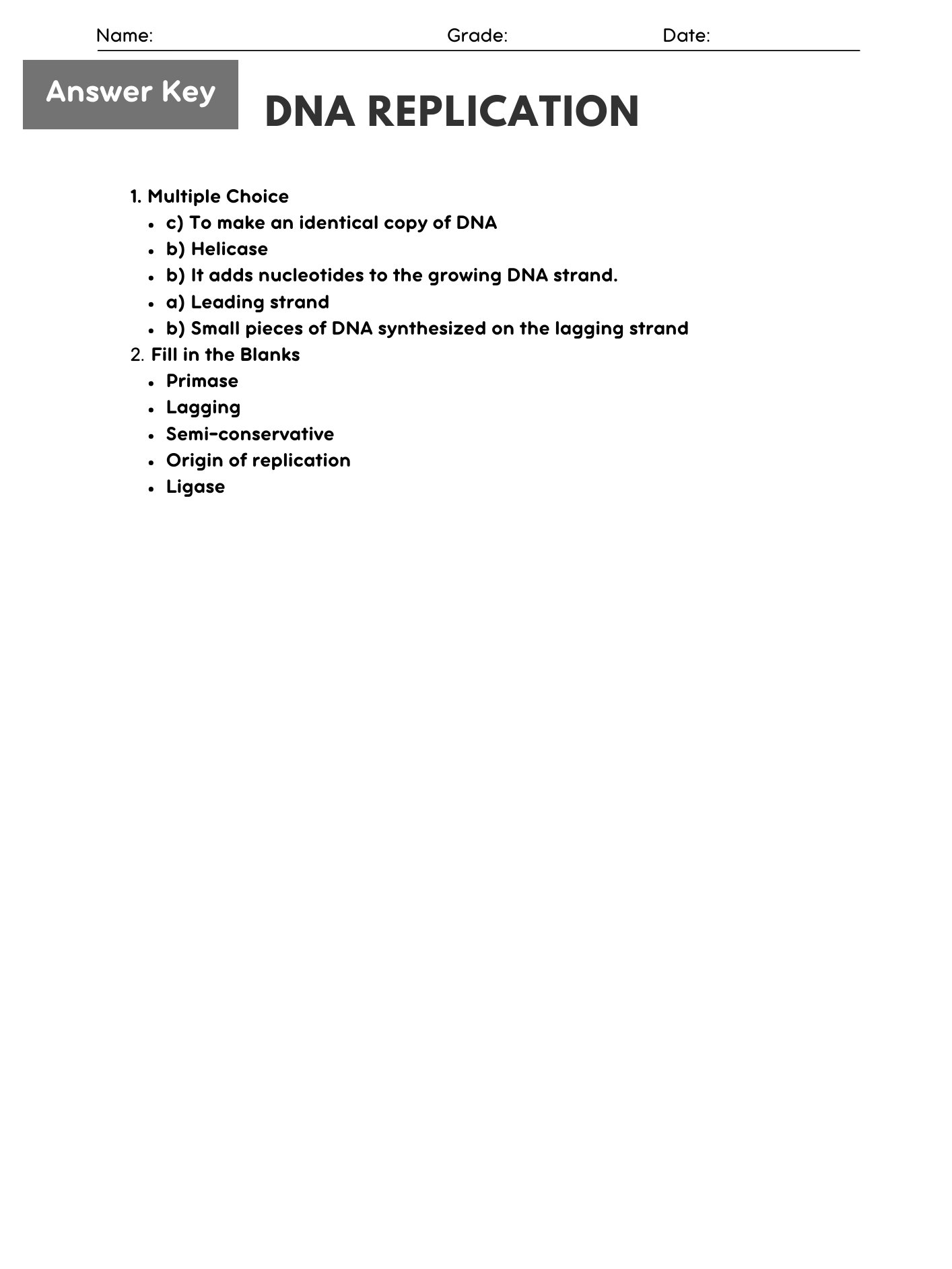 Biology DNA Replication Worksheet - Printable PDF with Answer Key product image (2)