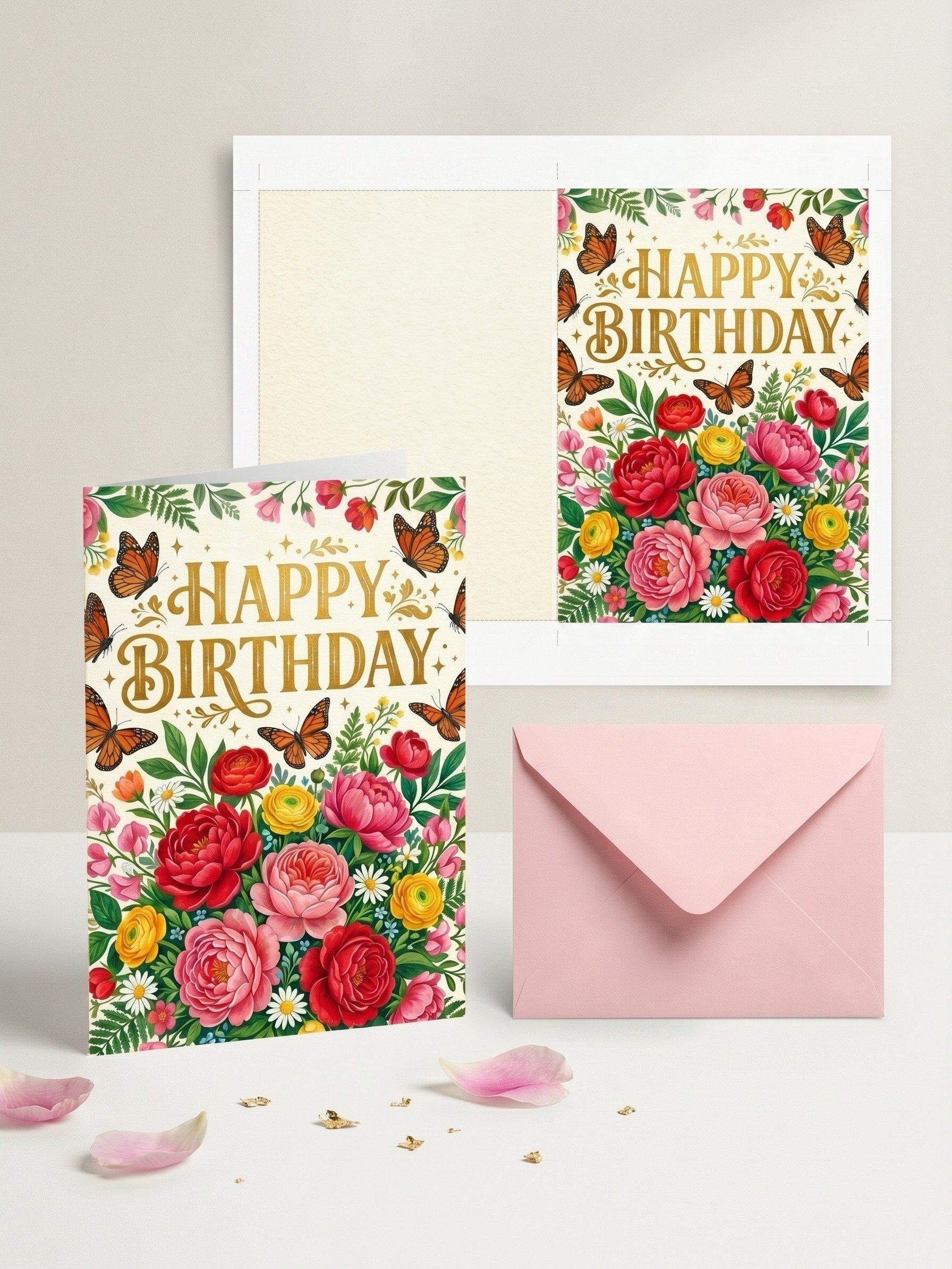 Elegant Floral Birthday Card Printable • Luxury Peony & Butterfly Birthday Card • 5x7 Digital Folded Greeting Card for Her product image (3)