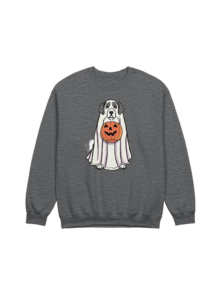 Funny Halloween Great Pyrenees(Gray) Sweatshirt | Funny Pyr Wearing a Ghost Costume and Holding a Pumpkin Basket product image (1)