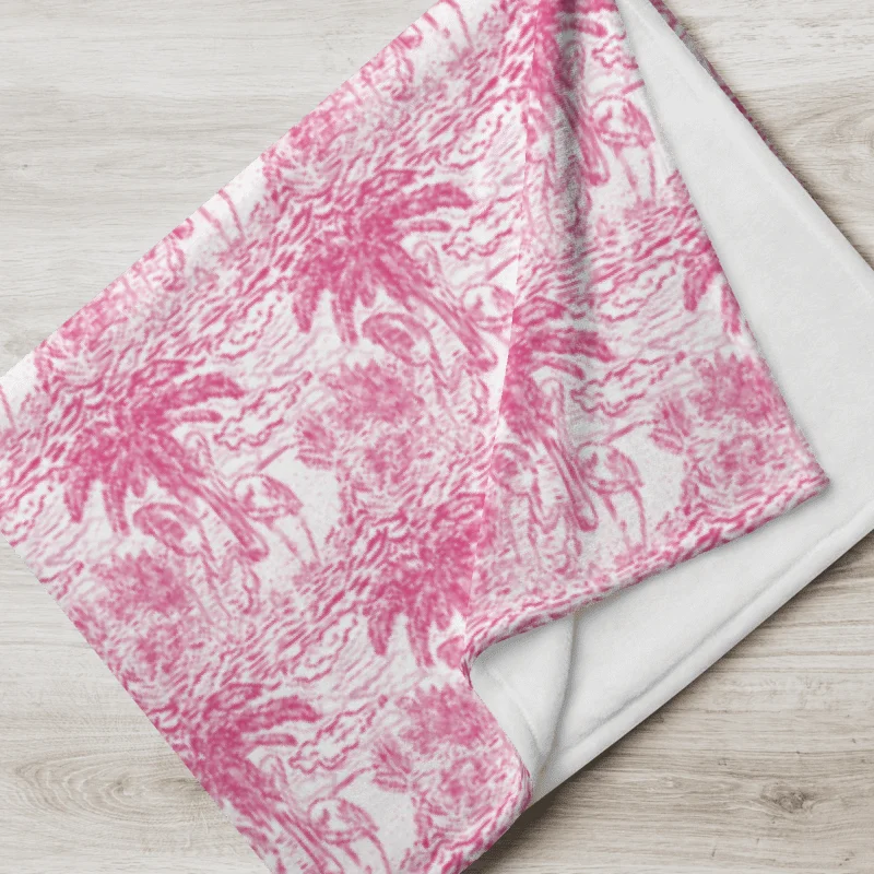 Flamingo Fancy Toile Throw Blanket | Pink on White Tropical Toile with Cheeky Flamingos | by Monique Faella Designs™ product image (1)
