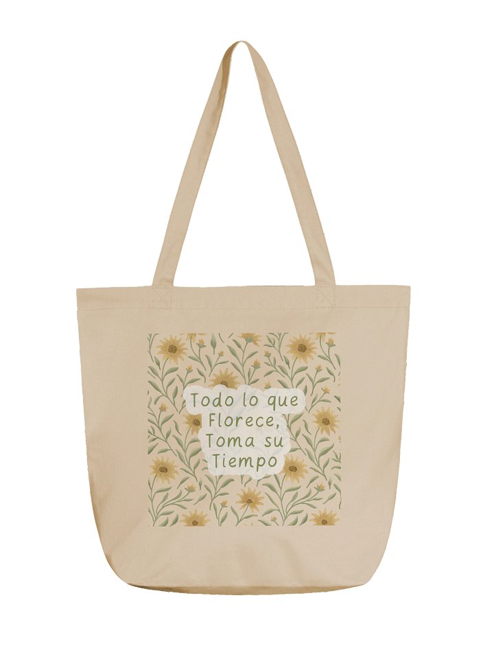 Eco-Friendly tote bag with golden field floral design – Inspirational Quote, everything that blooms, takes its time product image (1)