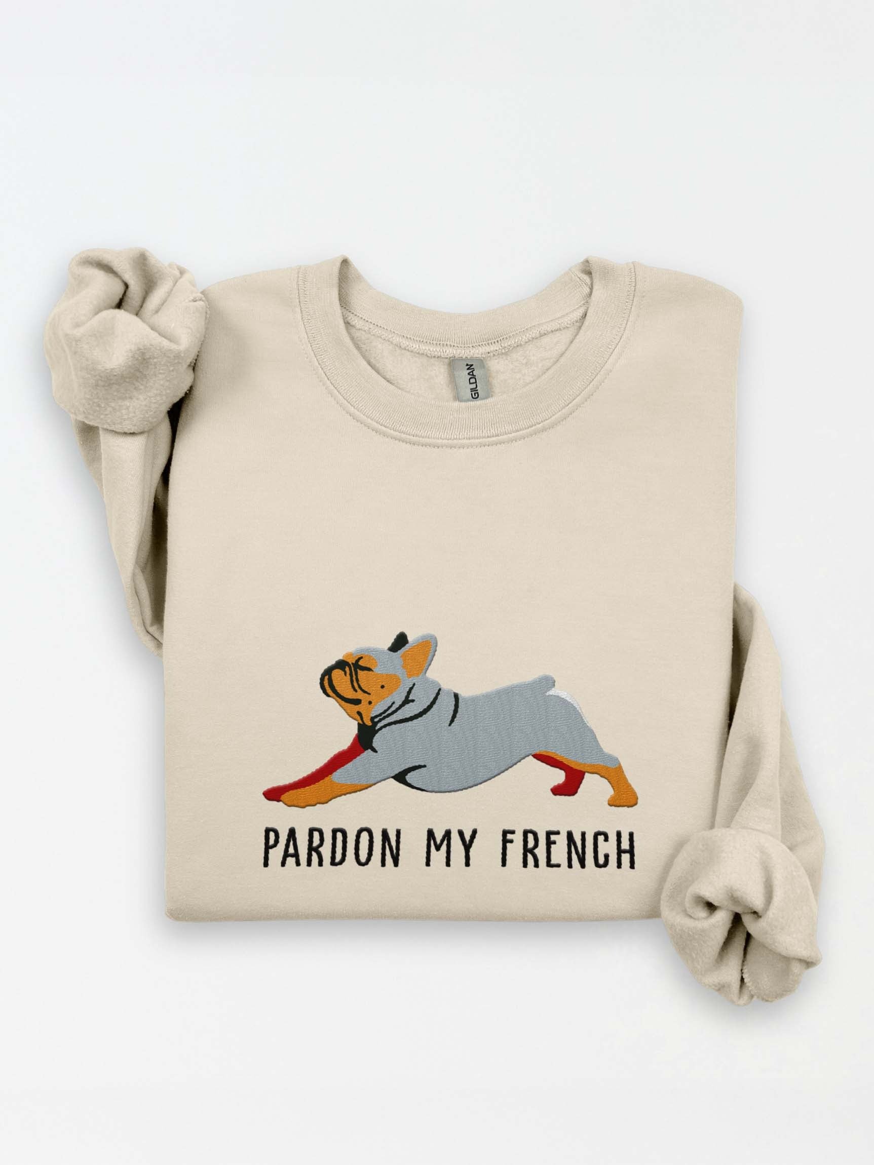Pardon My French Sweatshirt (Embroidered) of a French Bulldog(Blue & Tan) product image (1)