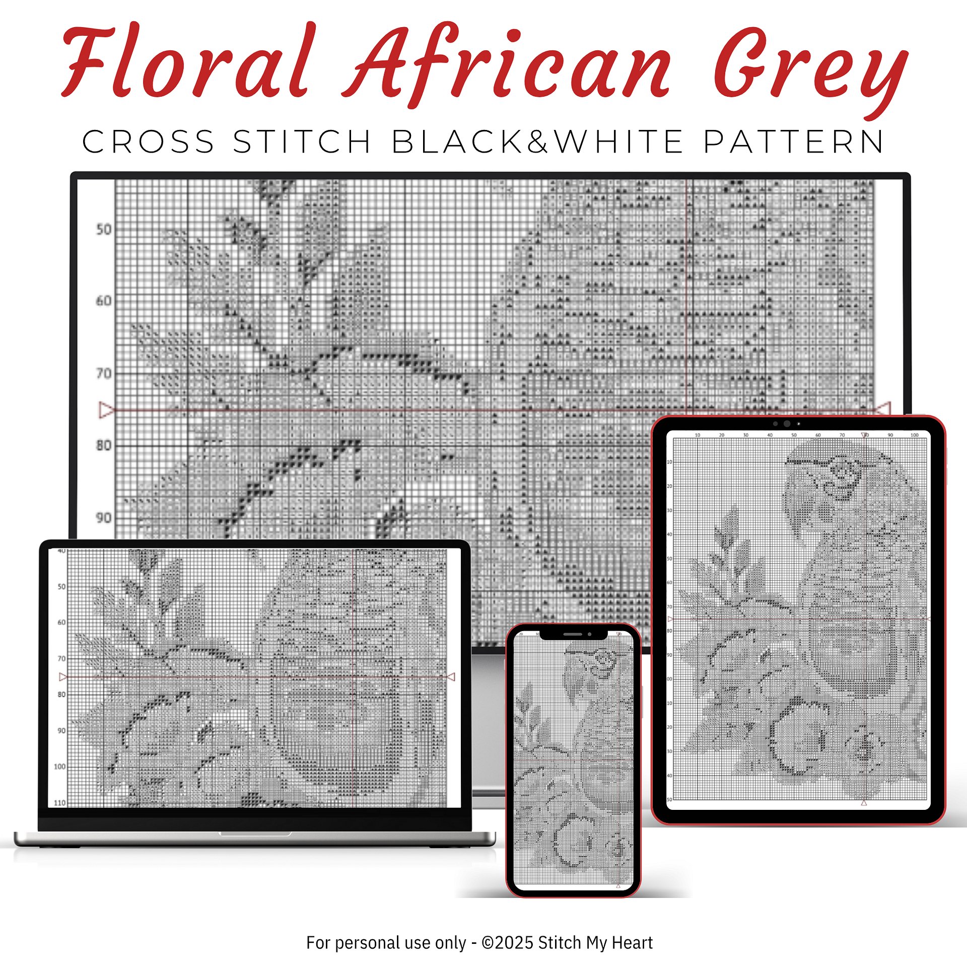 Floral African Grey Parrot Cross Stitch Pattern product image (4)