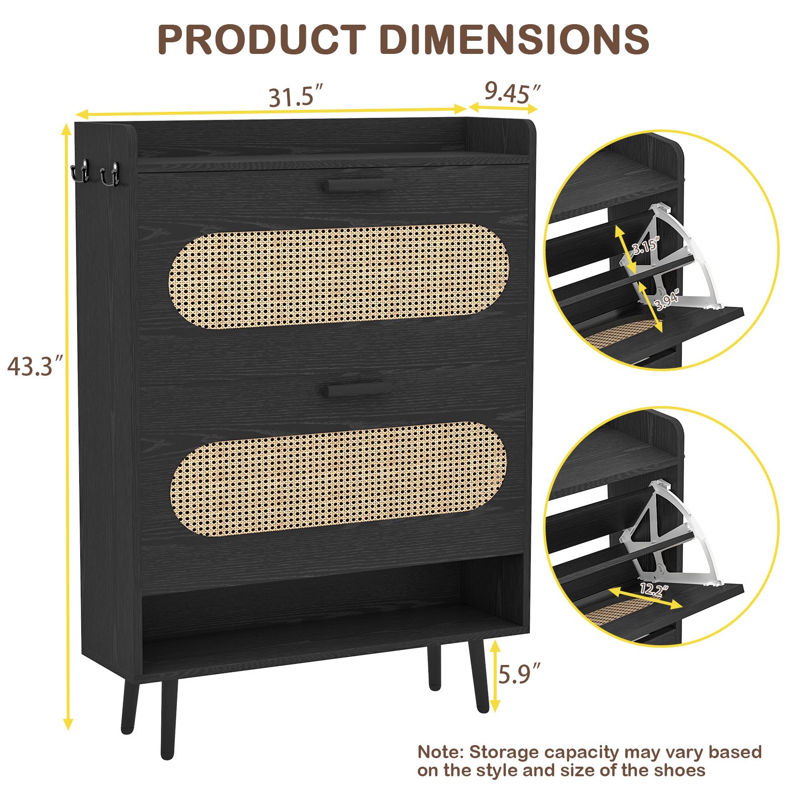 Shoe Cabinet with Natural Rattan Flip Drawers for Entryway Free Standing Slim Shoe Storage Organizer with 2 Flip Drawers Black product image (2)