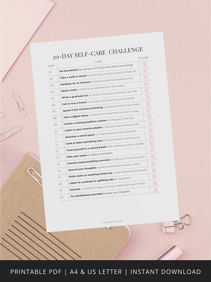 20-Day Self-Care Challenge Printable Digital Download product image (1)
