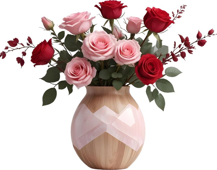 Romantic Wood and Rose Quartz Vase with Elegant Rose Bouquet PNG product image (1)