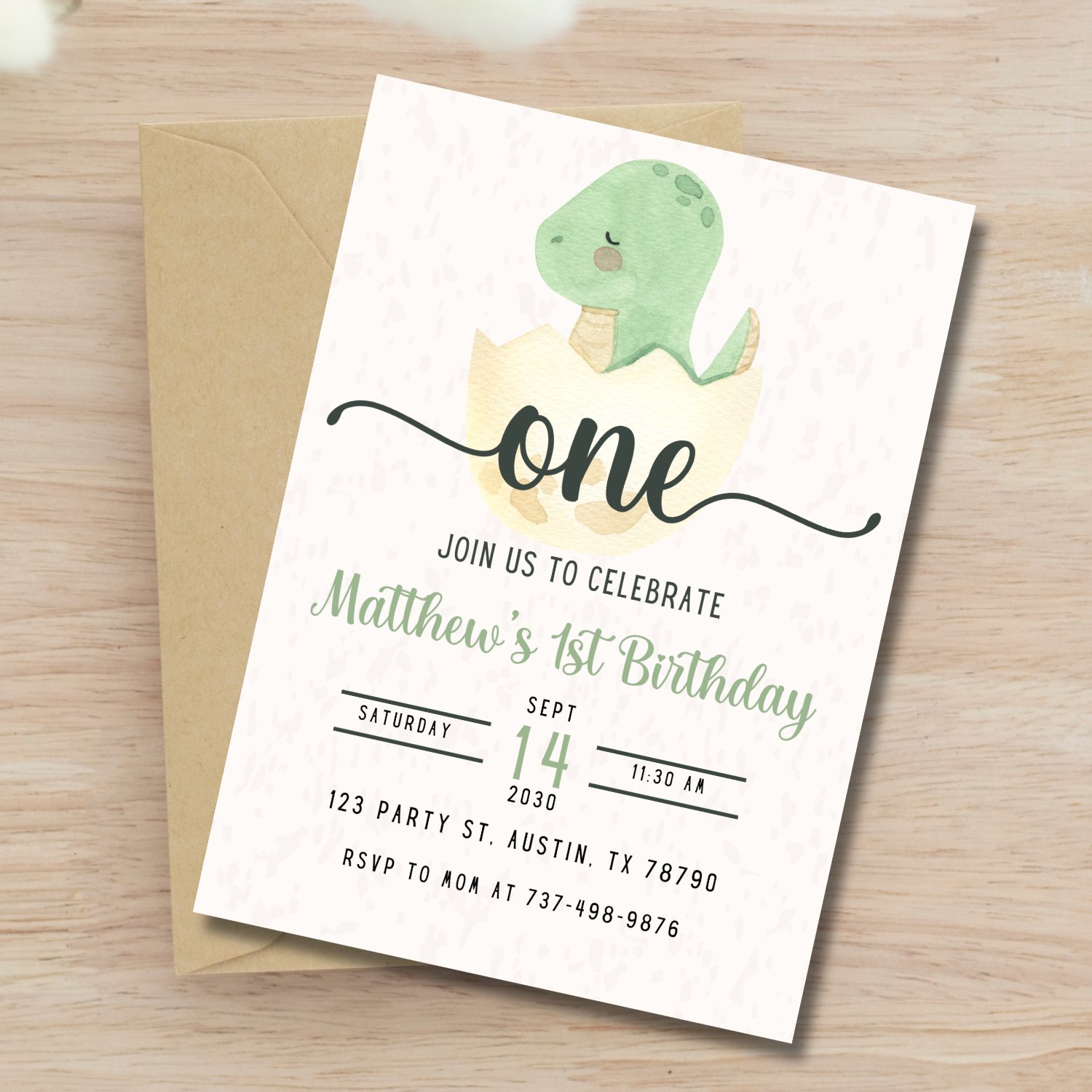 Dino First Birthday Invitation | Baby Dinosaur Egg Party Invite | Editable Canva Template | 1st Birthday Boy | Watercolor Dino Theme product image (4)
