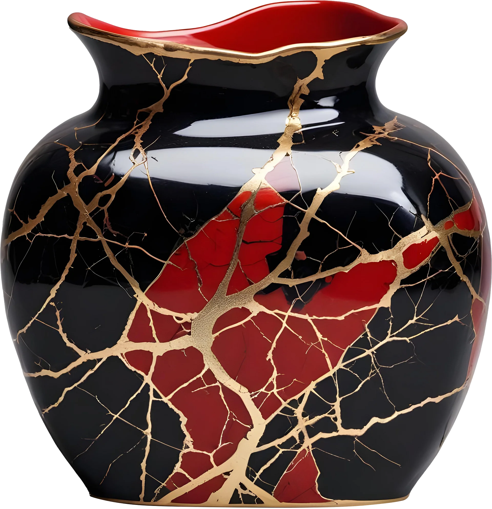 Kintsugi Radiance – Black and Red Vase with Golden Veins PNG product image (1)