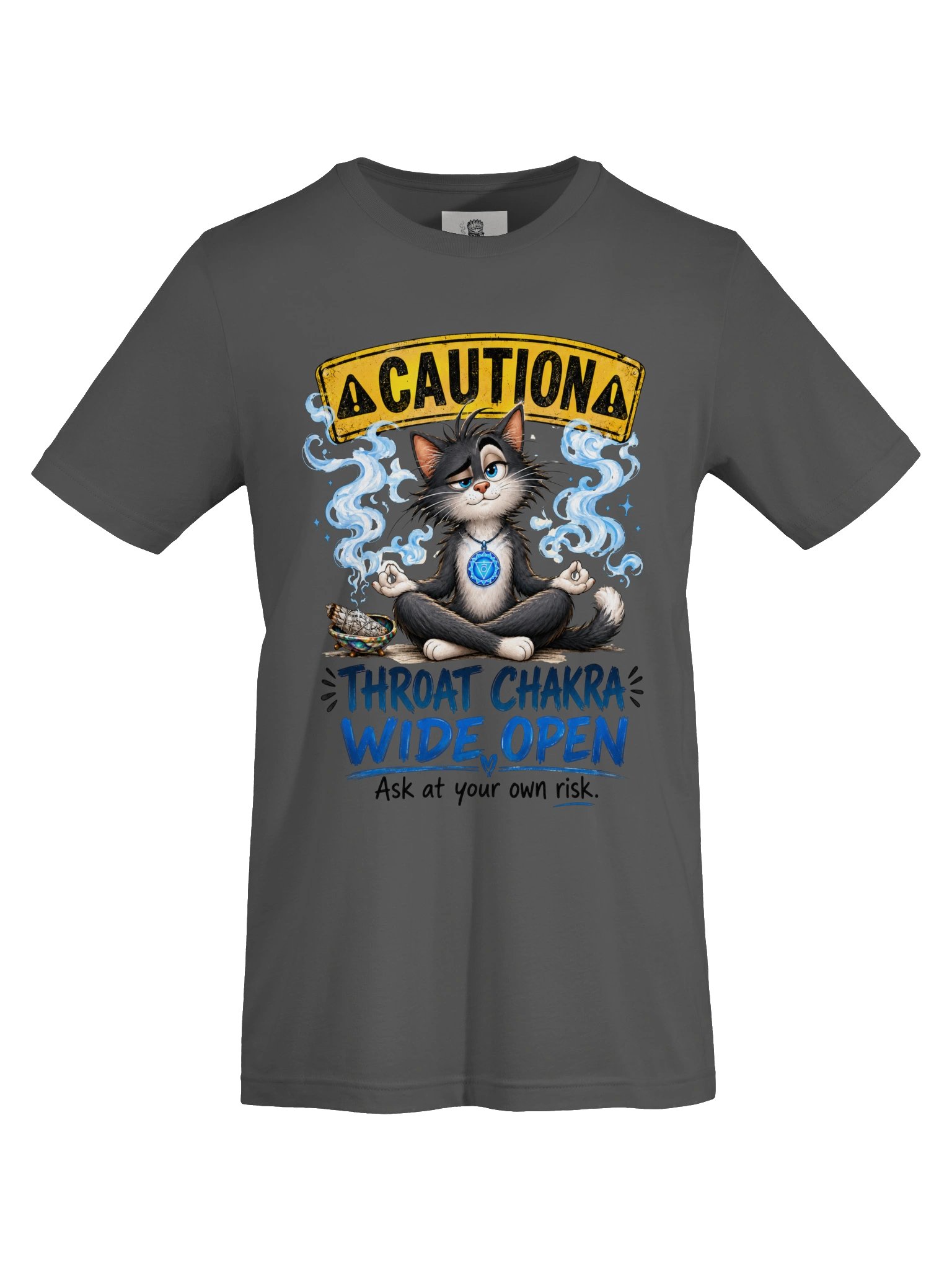 Caution: Throat Chakra Wide Open Meditation Cat Shirt product image (2)