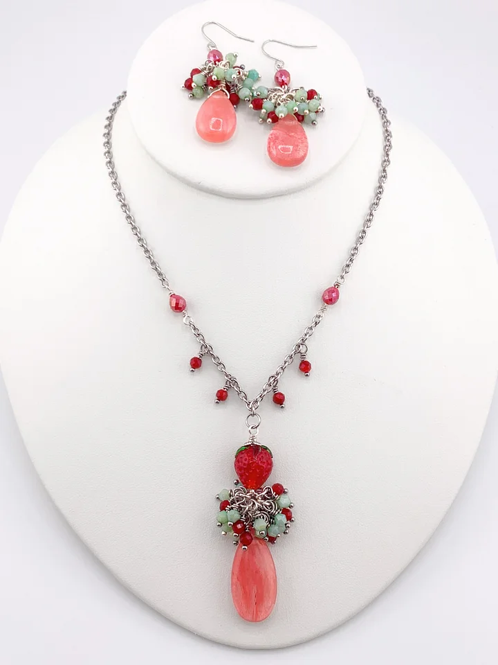 Lampwork Strawberry, Cherry Quartz Beaded Cluster Pendant Necklace Set product image (2)