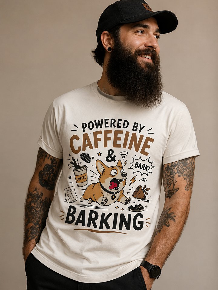 Powered by Caffeine and Barking Corgi T-Shirt | Funny Dog Lover Coffee Shirt product image (1)