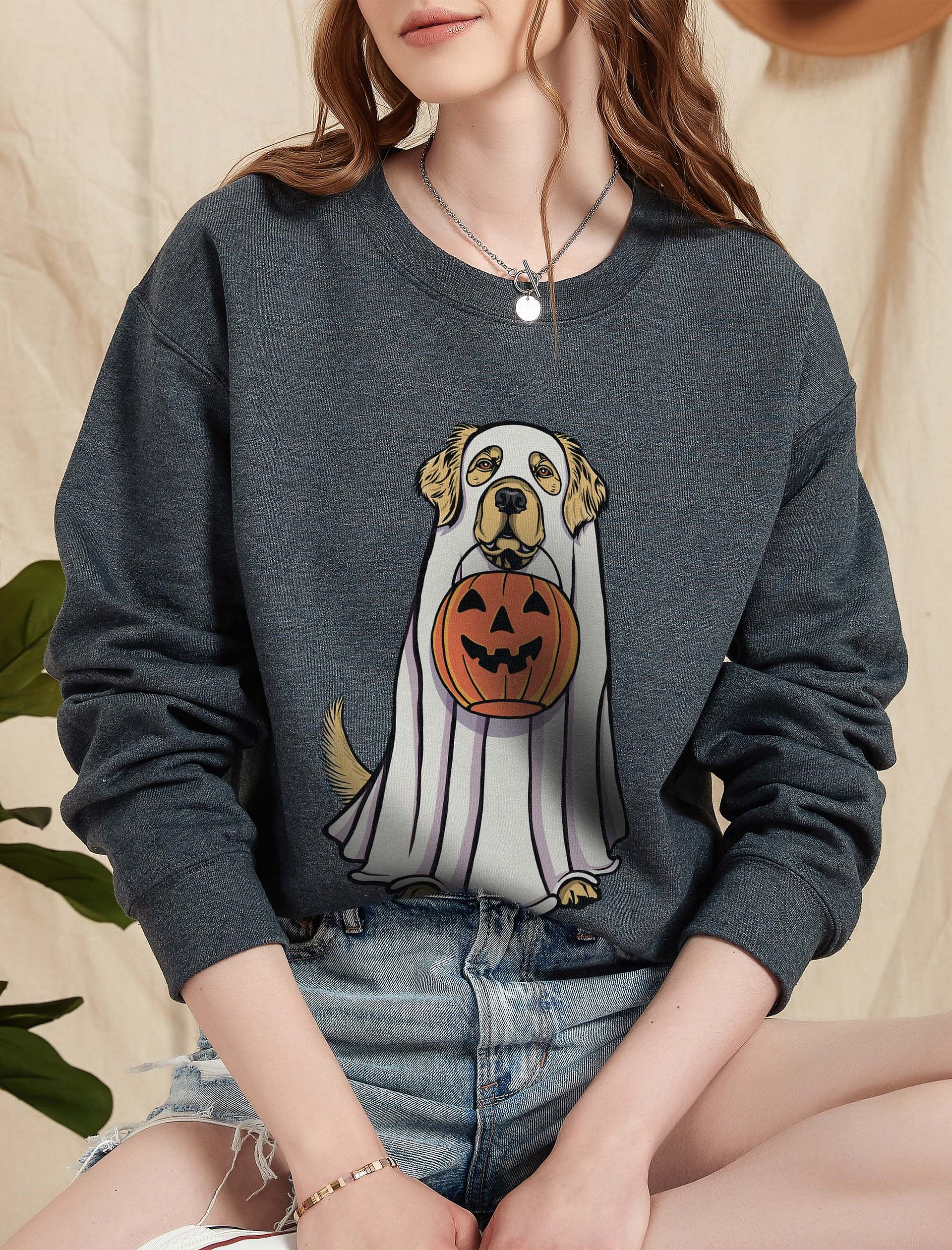 Funny Halloween Golden Retriever Sweatshirt | Funny Goldie Wearing a Ghost Costume and Holding a Pumpkin Basket product image (2)