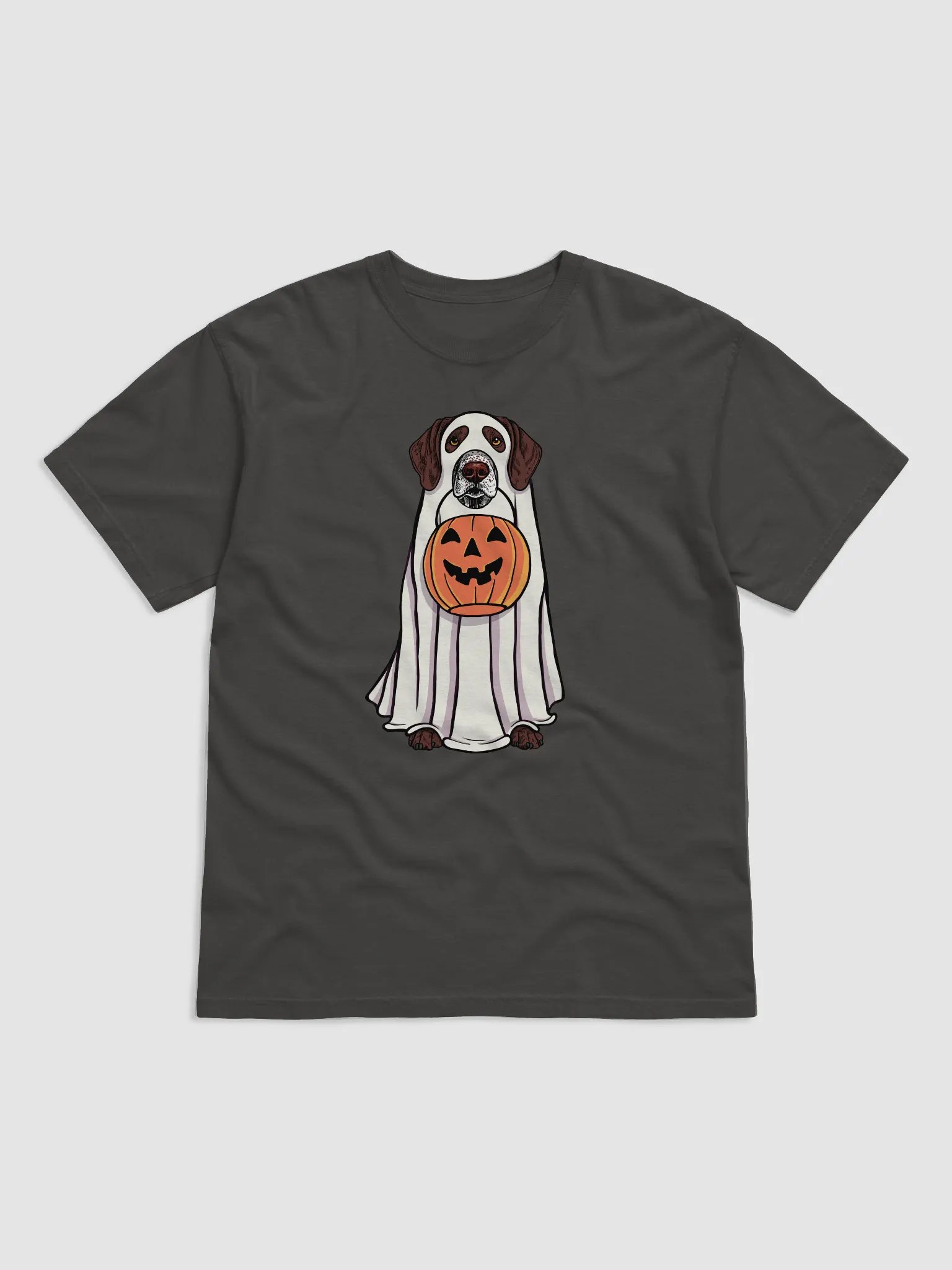 Funny Halloween German Shorthaired Pointer(2) T-Shirt | Funny GSP Wearing a Ghost Costume and Holding a Pumpkin Basket product image (1)