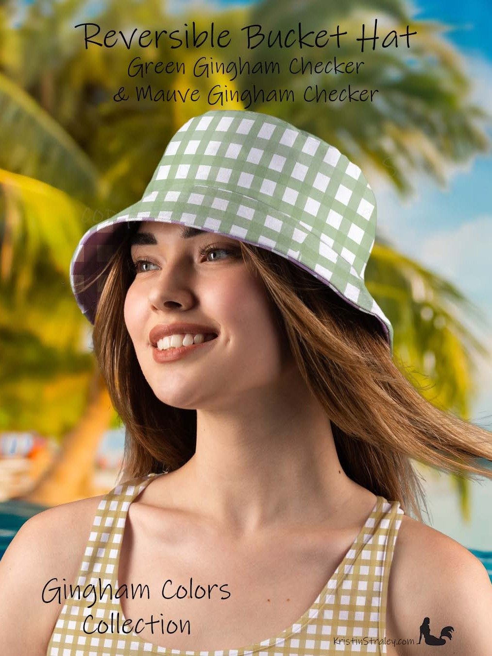 Gingham Reversible Bucket Hat Green and Mauve Checker product image (1)