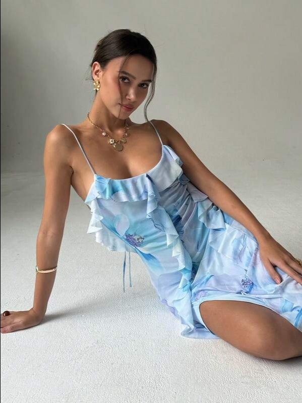 Pink Floral Asymmetrical Backless Spaghetti Strap Dress | Women's Boho High Waist Midi Dress for Summer Vacation, Dates & Night Out | ADLEST product image (5)