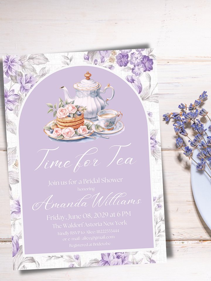 Tea Party Bridal Shower Canva Template Invite, Floral Purple Theme Printable Time for Tea Lavender Brunch Invitation | Digital Prints product image (1)
