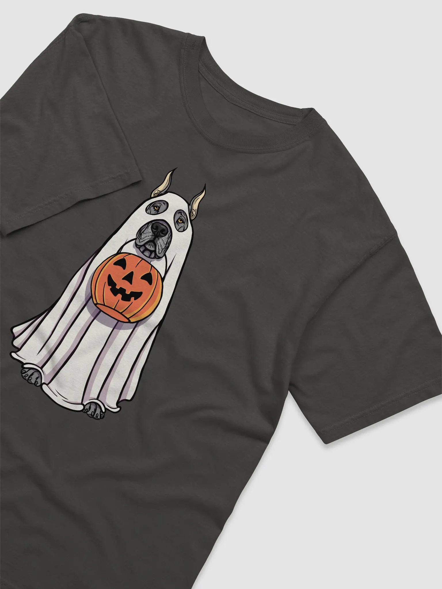 Funny Halloween Great Dane(Cropped Ears, Gray) T-Shirt | Funny Great Dane Wearing a Ghost Costume and Holding a Pumpkin Basket product image (6)