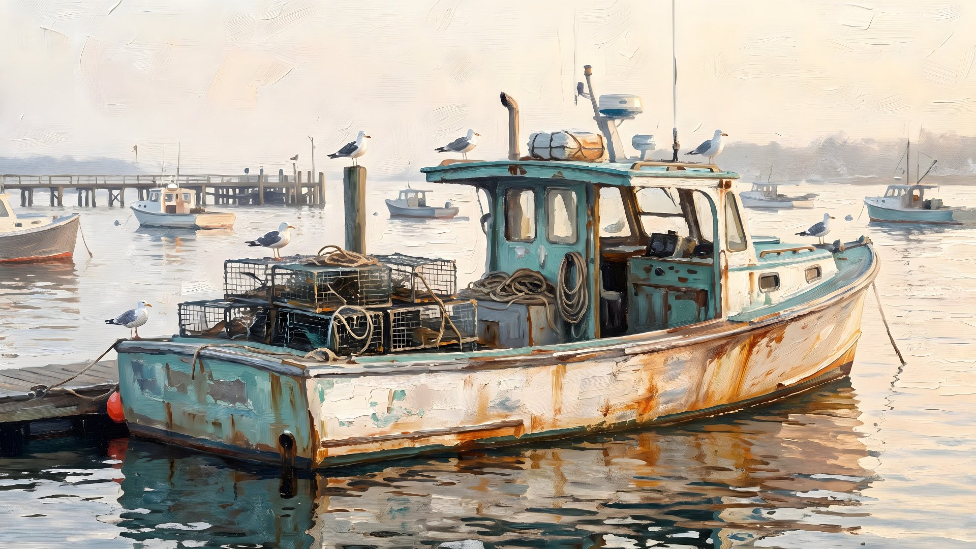 Rare Watercolor Coastal Wall Art Bundle of 3 – Coastal Grasses in Wind, Lobster Boat Docked in Harbor & Wooden Jetty in Sea Mist, Fine Detail Nautical Print product image (4)