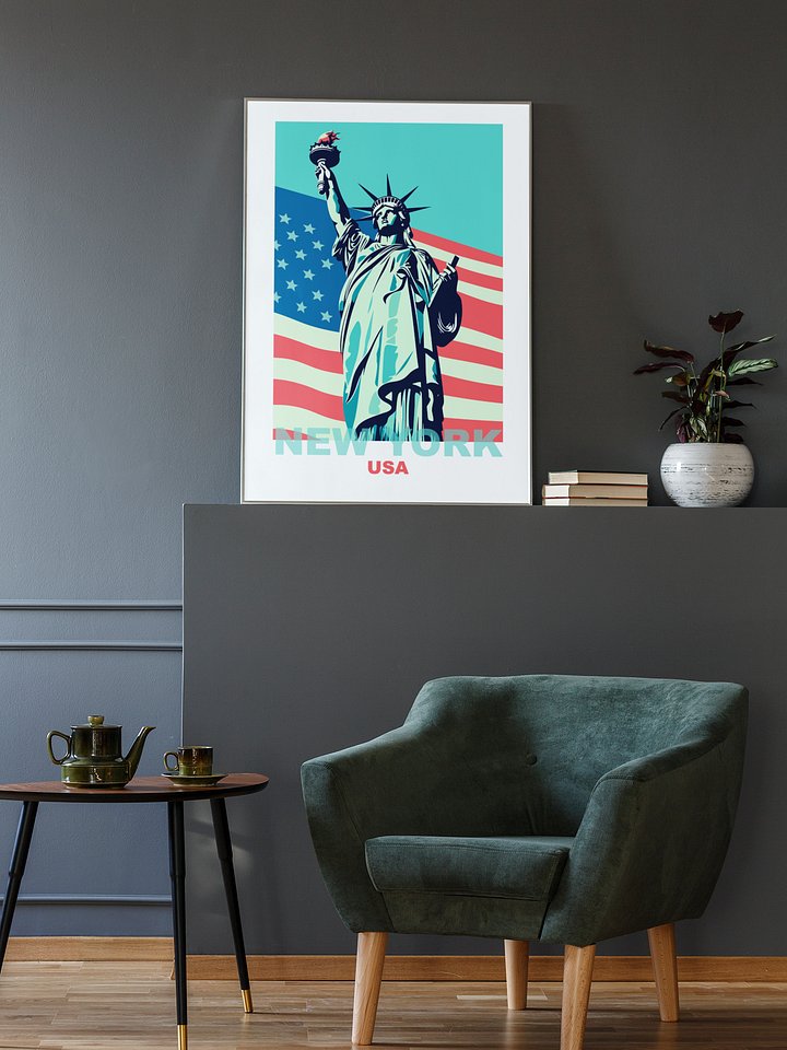 Statue of Liberty with American Flag Poster, Patriotic New York USA Wall Art, Iconic Landmark Print, Bold Graphic Travel Decor product image (2)
