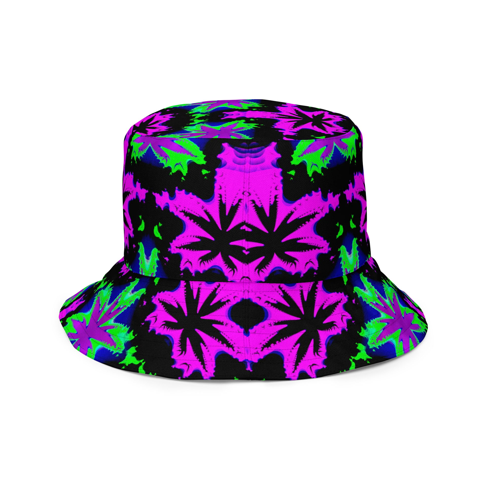 Psychedelic Stoner Raver Reversible Bucket Hat, Weird Weed Leaf 420 Festival Fashion Accessory, Kaleidoscope Star Trippy Cannabis Art product image (8)