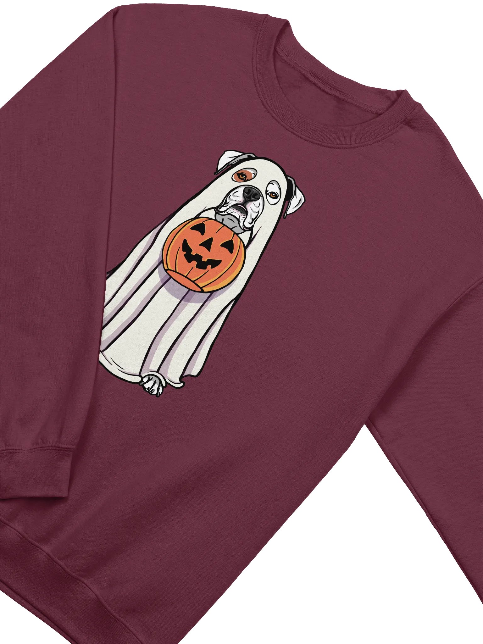 Funny Halloween Boxer Dog(White) Sweatshirt | Funny Boxer Wearing a Ghost Costume and Holding a Pumpkin Basket product image (4)