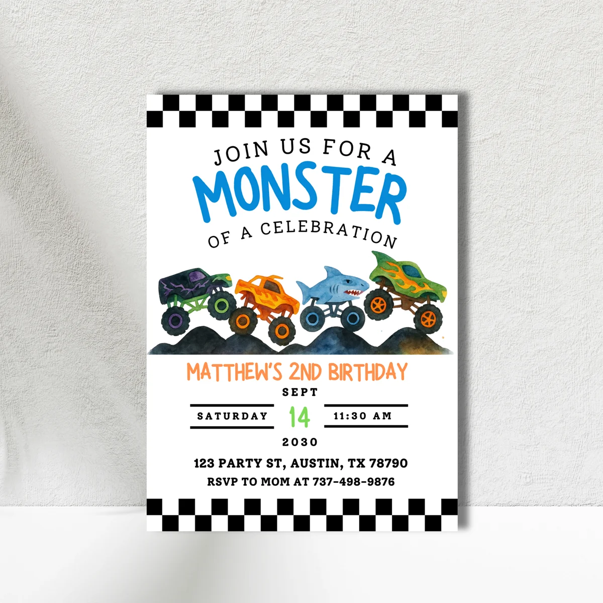 Monster Truck Birthday Invitation | Editable Canva Template | Boys 2nd Birthday Invite | Monster Jam Party | Watercolor Trucks Theme product image (5)