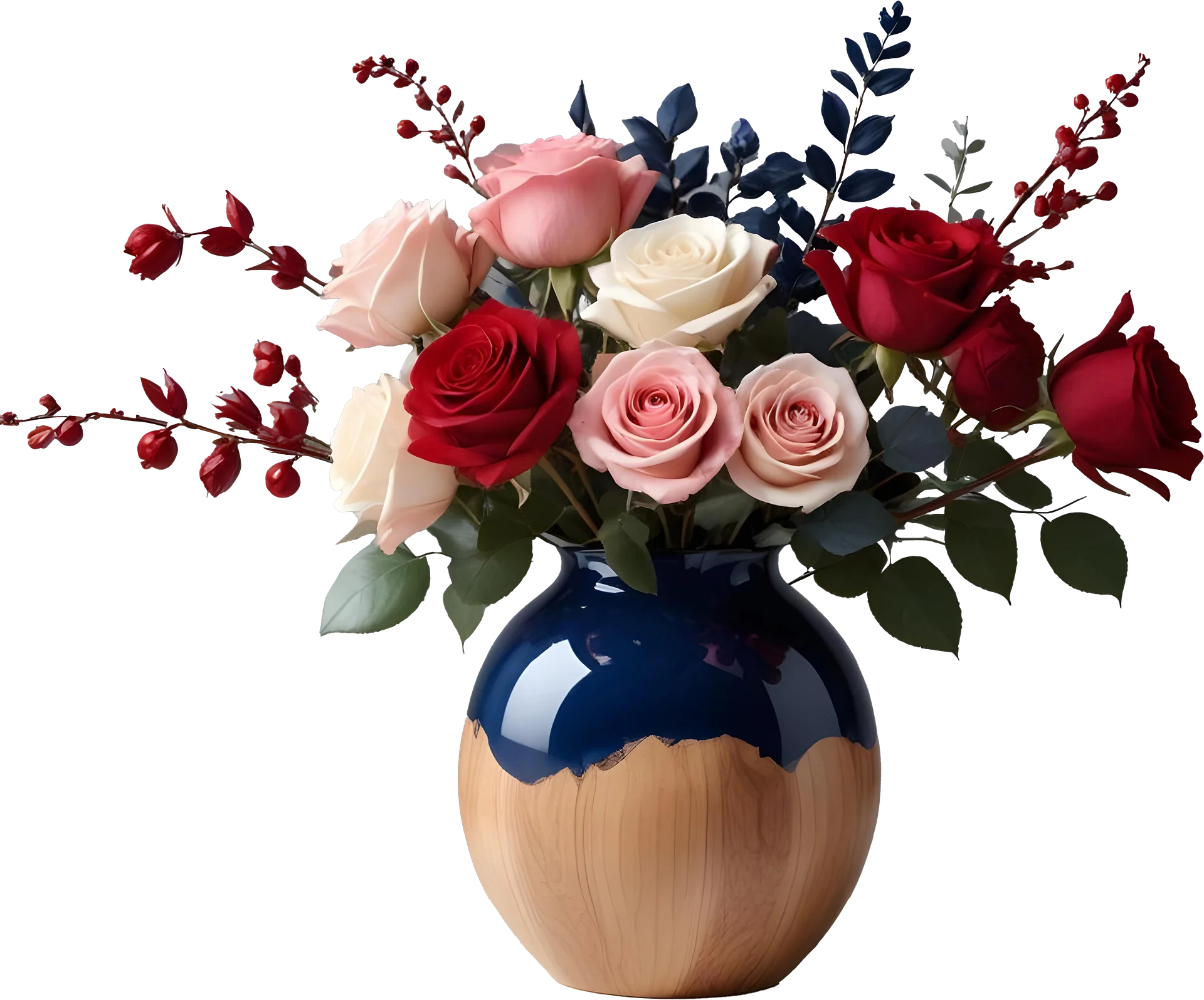Blue and Natural Wood Vase with Romantic Rose Bouquet PNG product image (1)