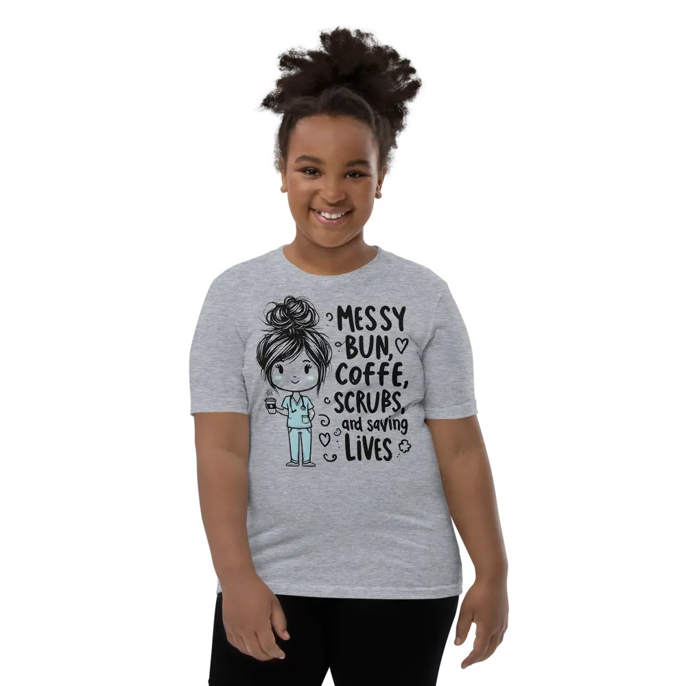 Messy Bun, Coffee, Scrubs, and Saving Lives Youth T-Shirt product image (69)