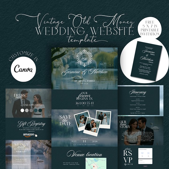 Vintage Old Money Wedding Website Template | Elegant Canva Wedding Website + Embedded RSVP | Luxury Classic Wedding Invite product image (1)