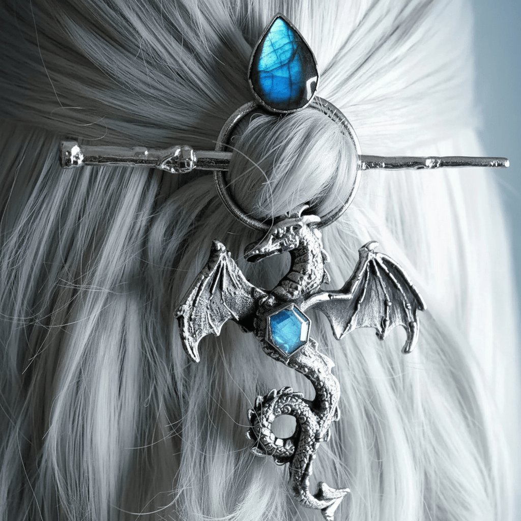 Viking Style Dragon Hair Pin with Labradorite and Moonstone product image (2)