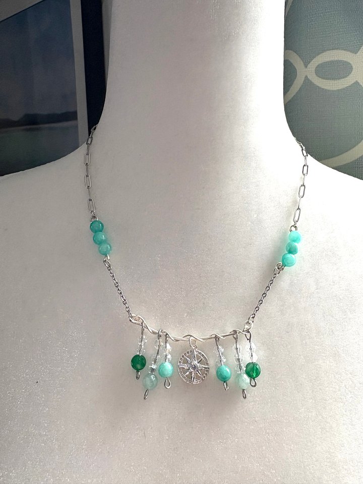 MFD-00307 | MFD-00307 | Aqua & Jade Compass Charm Necklace – Handcrafted Nautical Aqua/Green Statement Jewelry for March Birthdays & St. Patrick’s Day product image (1)