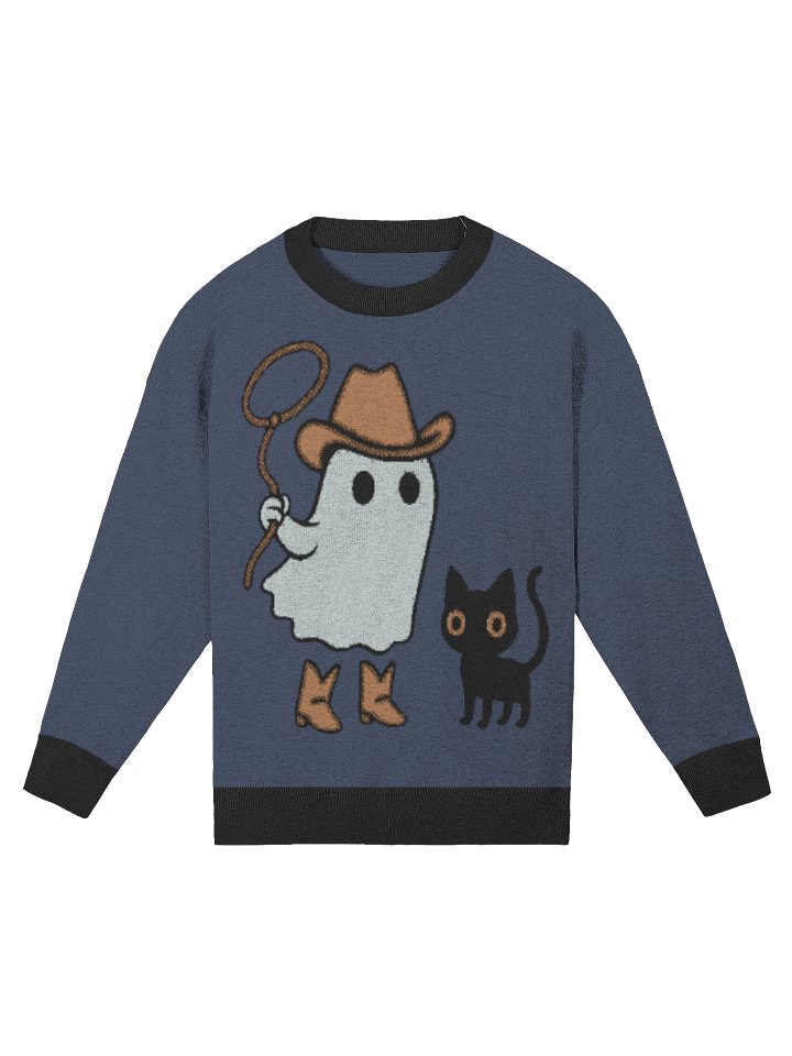 Cowboy Ghost Halloween Sweater – Jacquard Knit Relaxed Fit Crewneck Pullover with Black Cat and Boots product image (3)