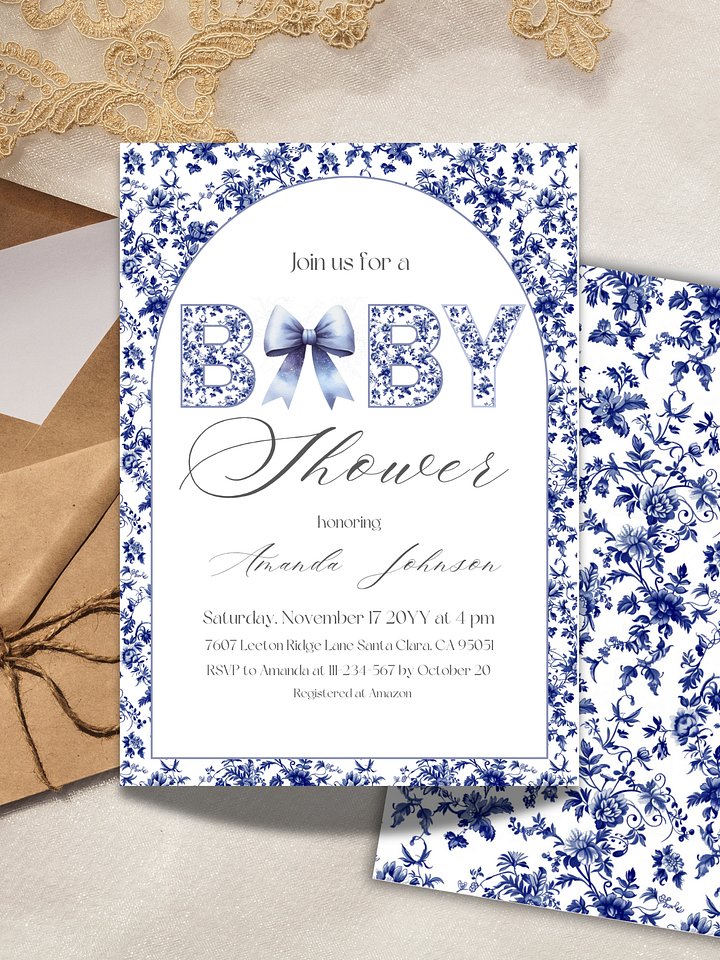 Blue Toile de Jouy and Bow Baby Shower Invitation, Chinoiserie Floral Theme, Boy Baby Shower Invite for Digital Download product image (2)