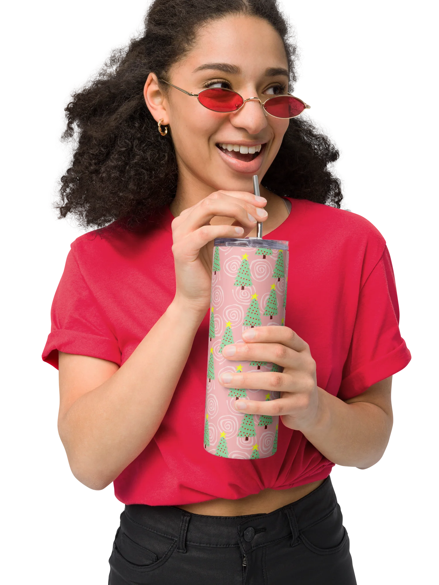Green Christmas Trees on Pink Spirals Stainless Steel Tumbler with Straw product image (7)