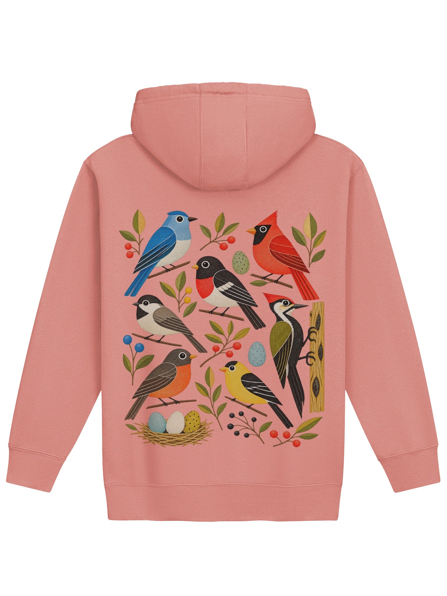 Vintage Folk Art Songbirds Back-Print Hoodie | Mid-Century Nature Graphic Hoodie product image (2)