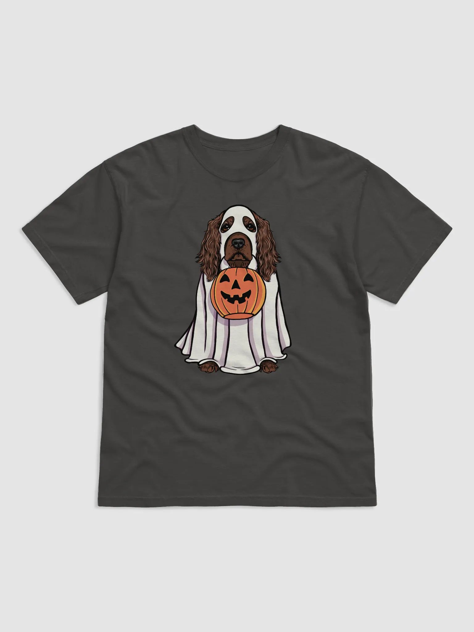 Funny Halloween Cocker Spaniel(Liver) T-Shirt | Funny Cocker Spaniel Wearing a Ghost Costume and Holding a Pumpkin Basket product image (1)