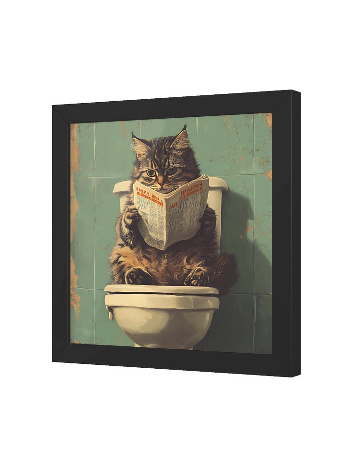 Funny bathroom cat reading newspaper wall art for quirky home decor teal retro aesthetic print for cat lovers gif product image (2)