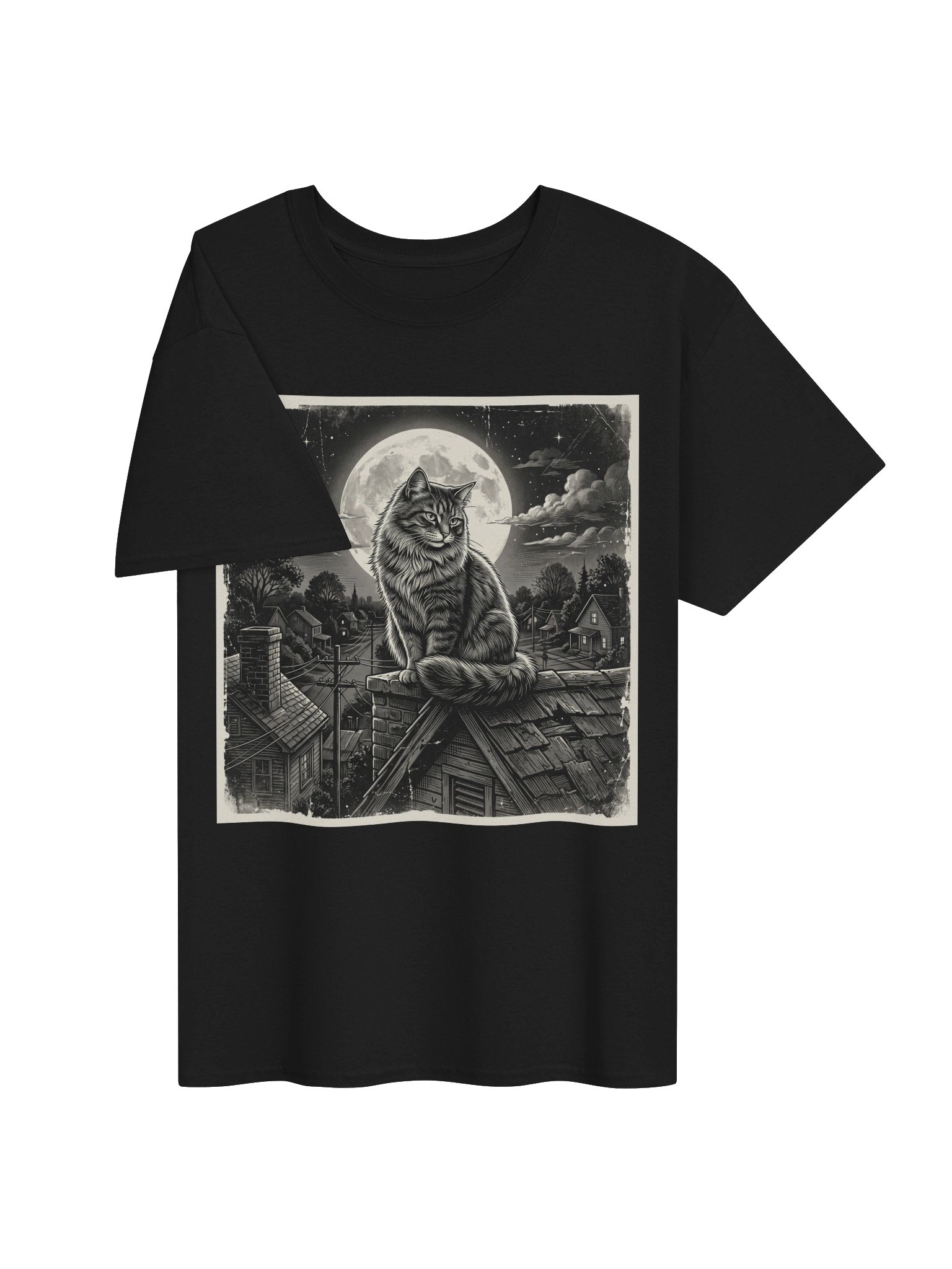 Vintage Cat on Rooftop Full Moon Graphic T-Shirt | Pets Lovers Tee product image (3)